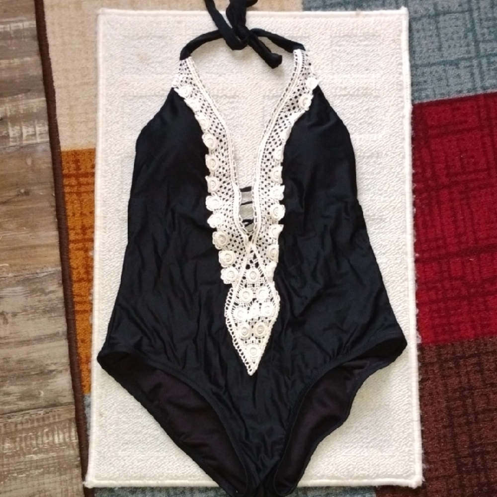Black Halter Swimsuit with Lace Detail
